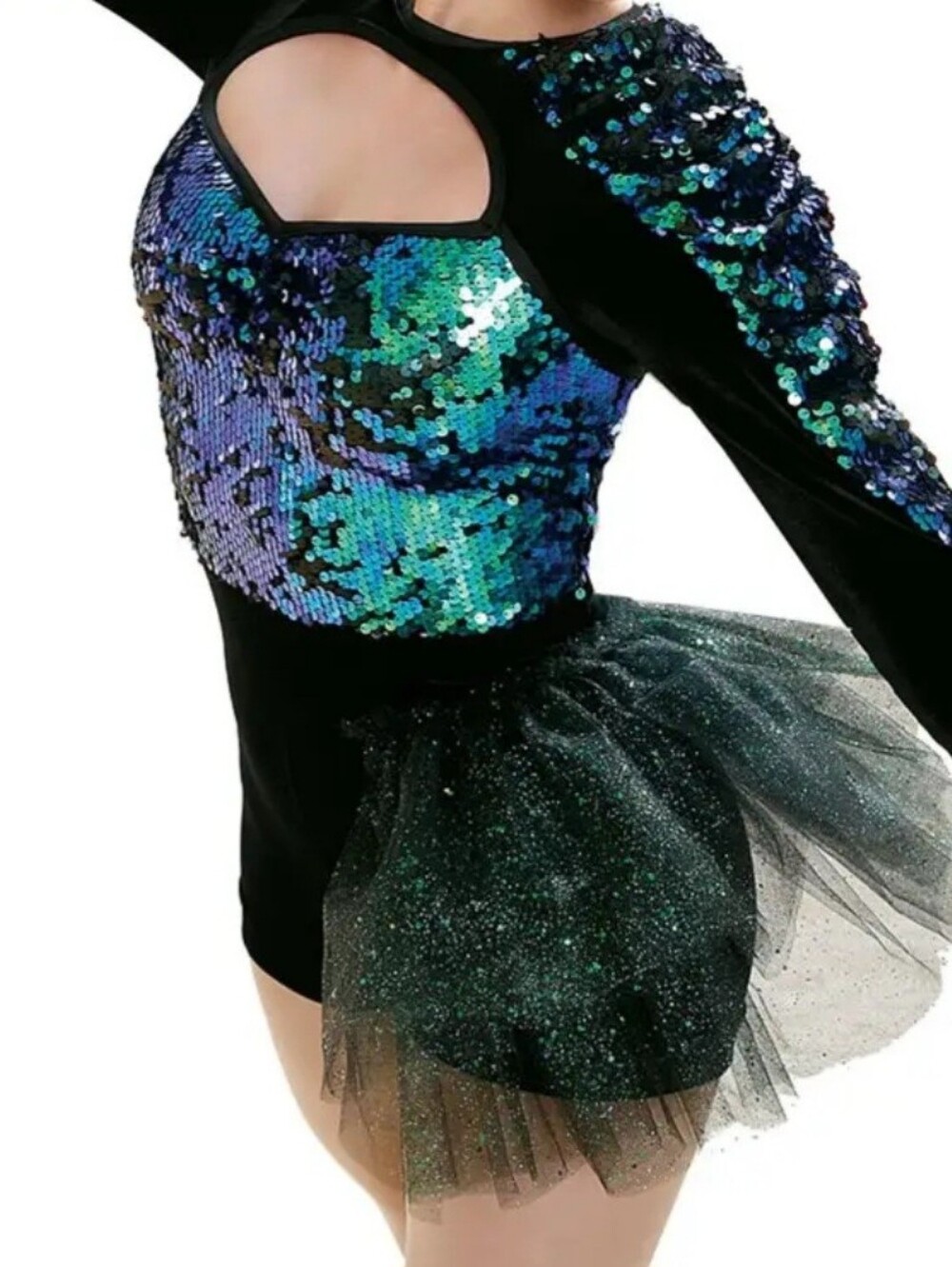 Weissman 8465 A WORLD ALONE Green Sequin Side Bustle Dance Costume Size LC 14